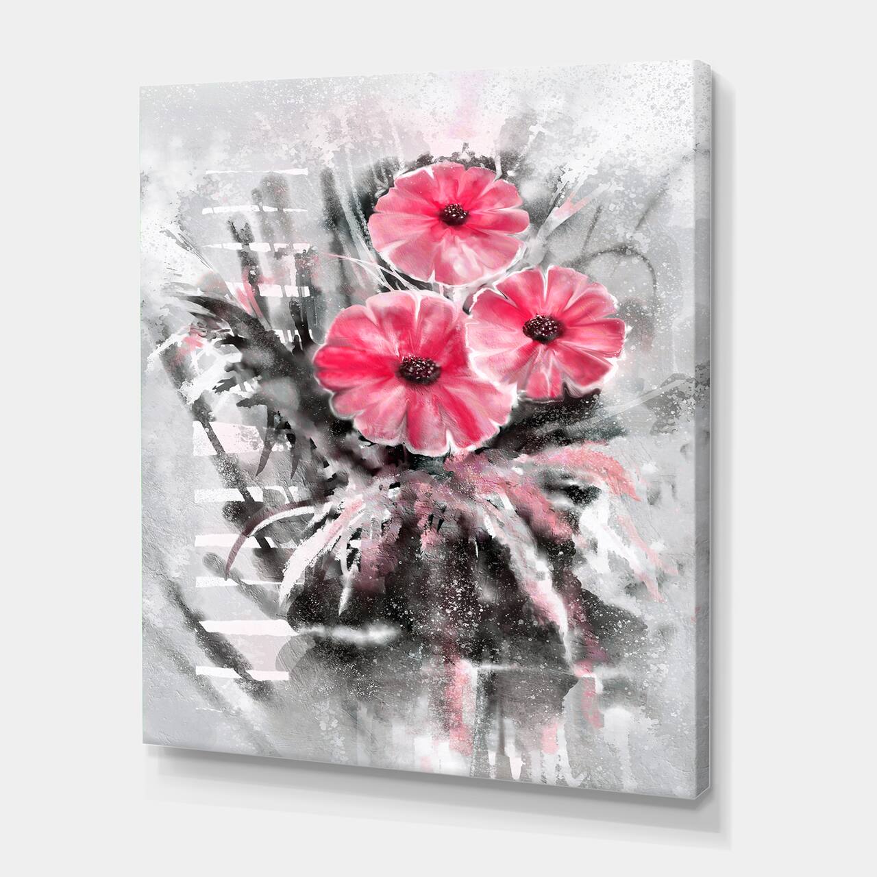 Designart - Abstract Red Flowers On Gray - Traditional Canvas Wall Art Print